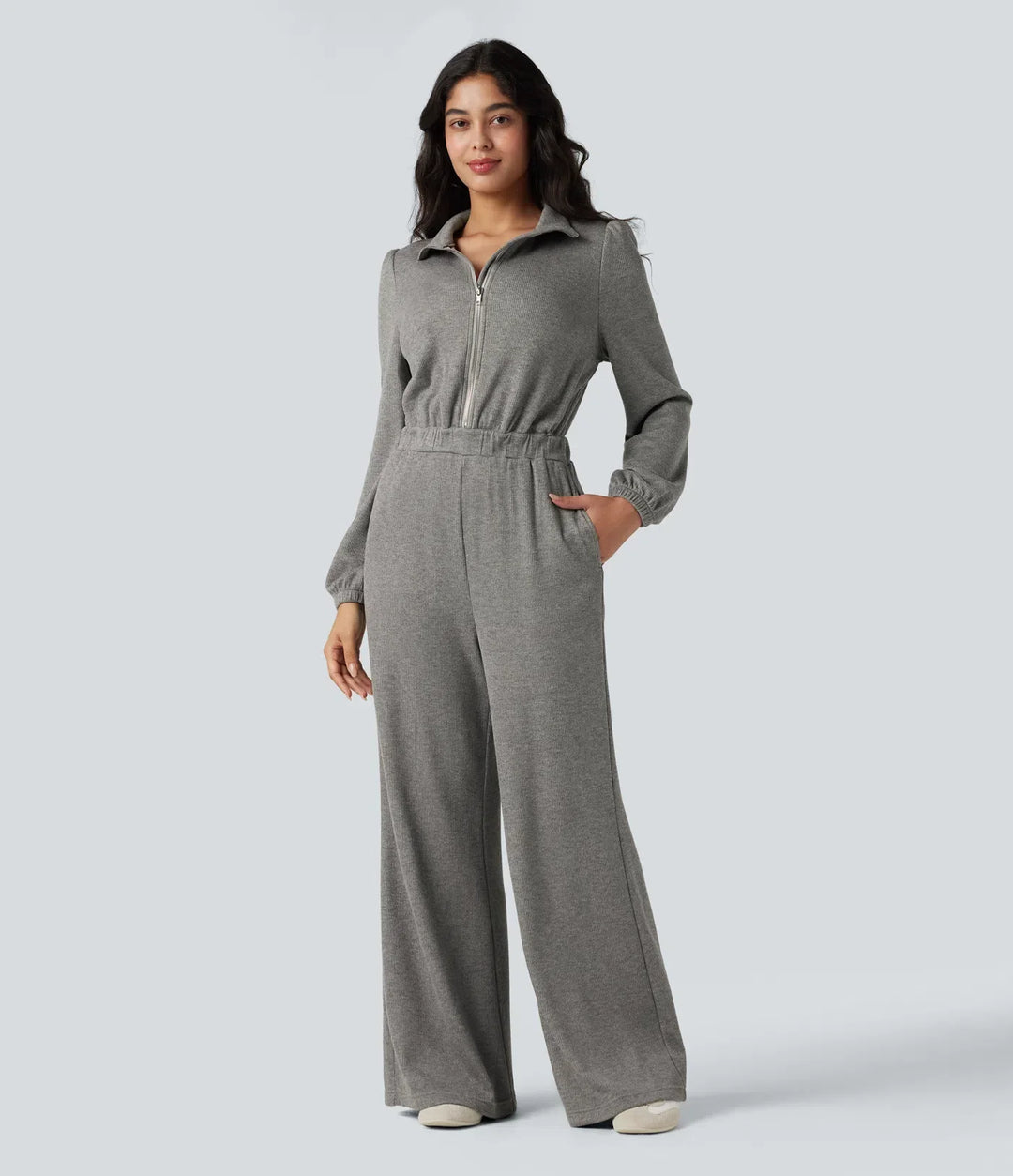 Half Zip Long Sleeve Wide Leg Casual Jumpsuit with Pockets-Easy Peezy Edition