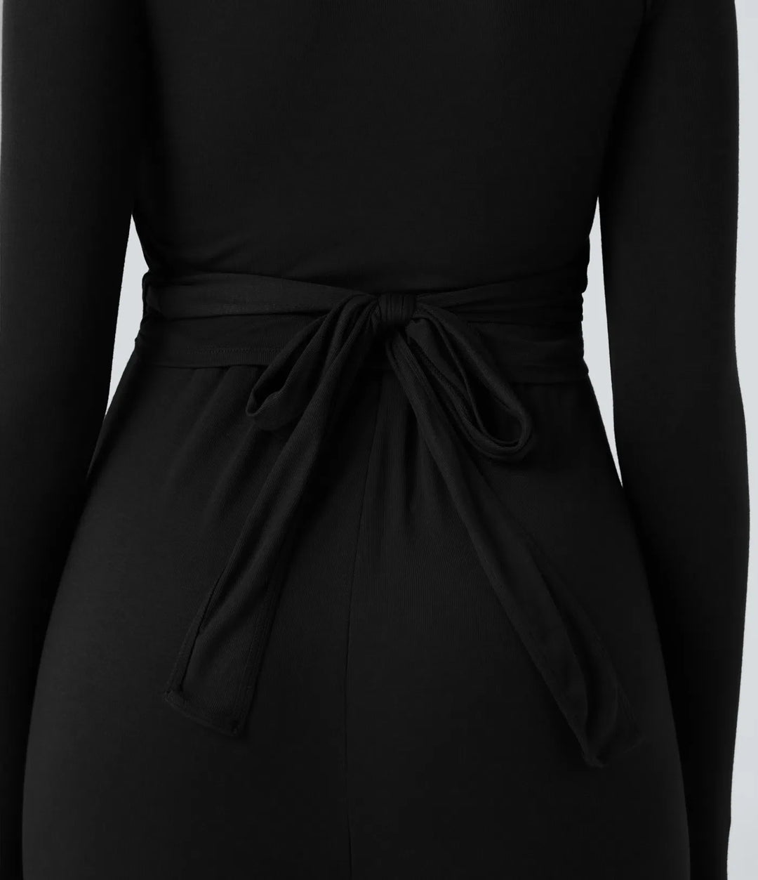 Ribbed V Neck Wrapped Tie Back Long Sleeve Wide Leg Casual Jumpsuit with Pockets-Easy Peezy Edition