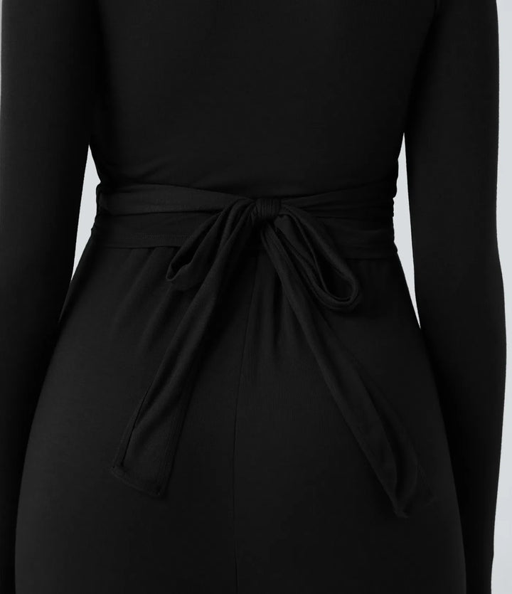 Ribbed V Neck Wrapped Tie Back Long Sleeve Wide Leg Casual Jumpsuit with Pockets-Easy Peezy Edition