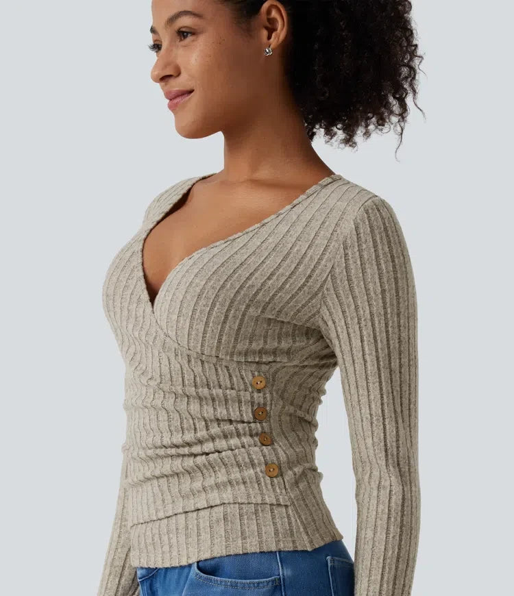 Ribbed Knit V Neck Long Sleeve Asymmetric Crossover Ruched Casual Slim Top