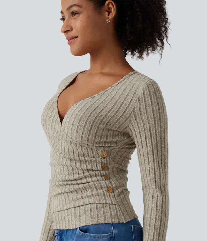Ribbed Knit V Neck Long Sleeve Asymmetric Crossover Ruched Casual Slim Top