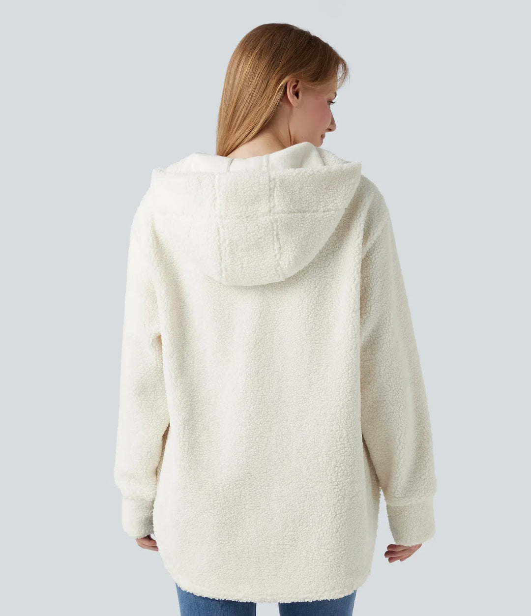 Hooded Half Zipper Curved Hem Oversized Casual Sherpa Sweatshirt with Pockets