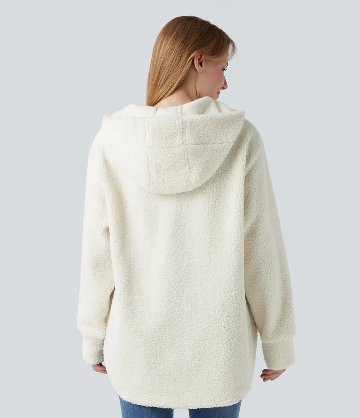 Hooded Half Zipper Curved Hem Oversized Casual Sherpa Sweatshirt with Pockets