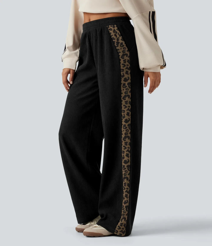 Mid Rise Leopard Print Corduroy Straight Leg Casual Trousers with Pockets