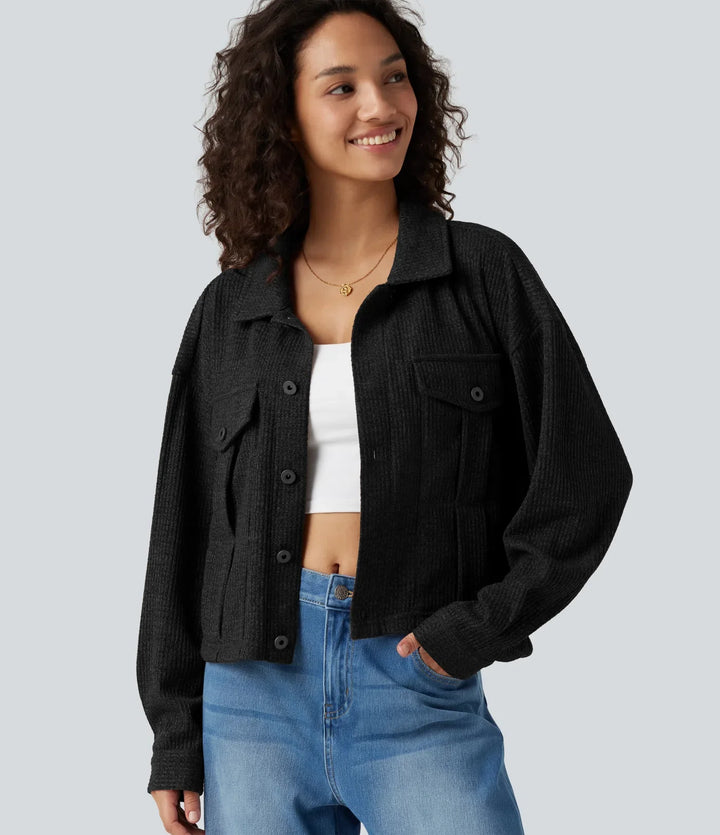 Long Sleeve Knit Waffle Casual Jacket with Pockets
