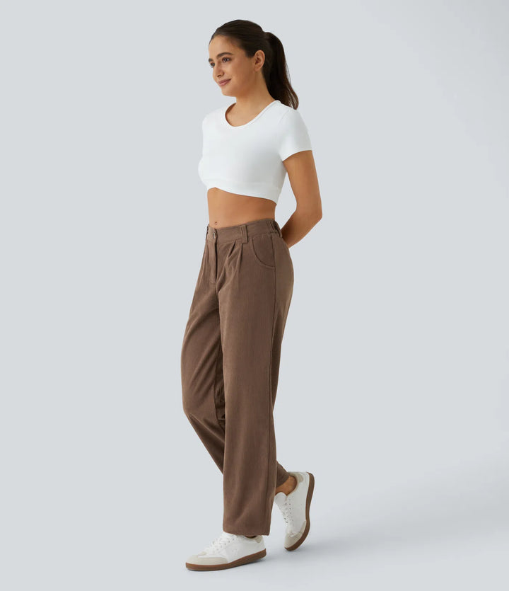 Mid Rise Zipper Pocket Corduroy Casual Trousers