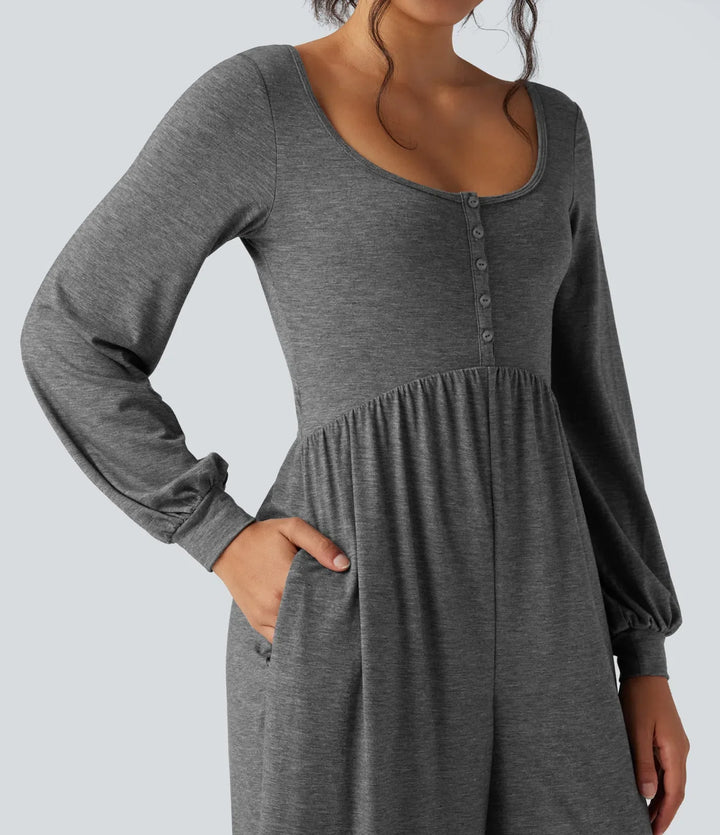 Scoop Neck Backless Long Sleeve Heathered Casual Wide Leg Jumpsuit with Pockets-Easy Peezy