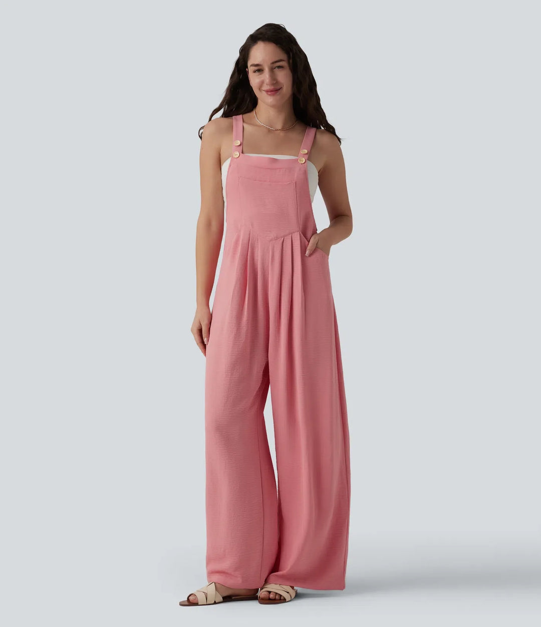 Adjustable Straps Pleated Linen-Feel Resort Overalls with Pockets