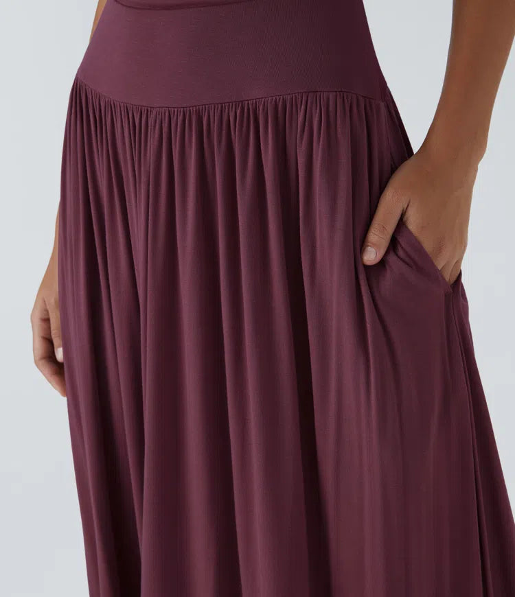 Ribbed Boat Neck Asymmetric Strap Ruched Side Pocket Flowy Maxi Casual Dress