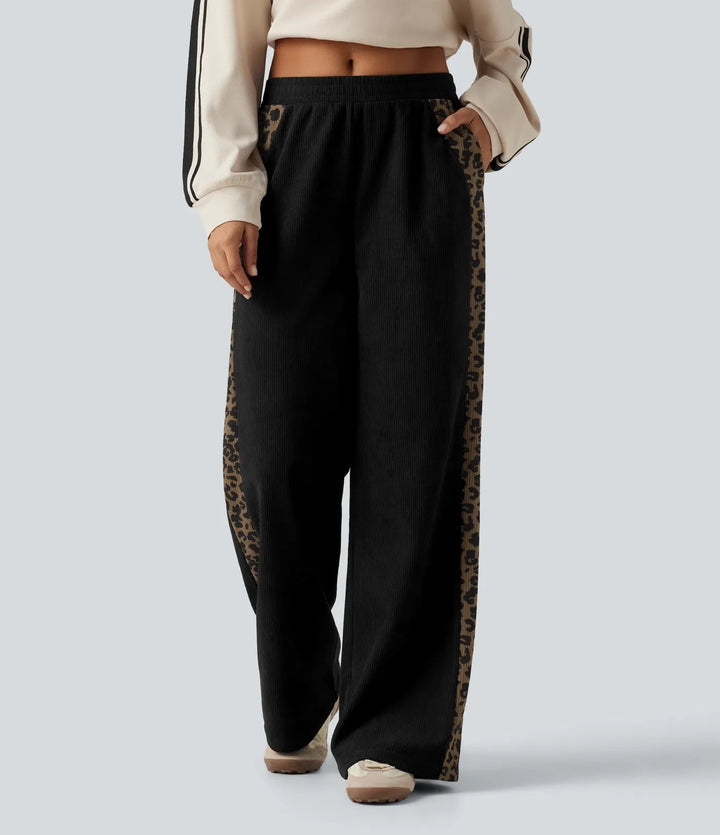 Mid Rise Leopard Print Corduroy Straight Leg Casual Trousers with Pockets