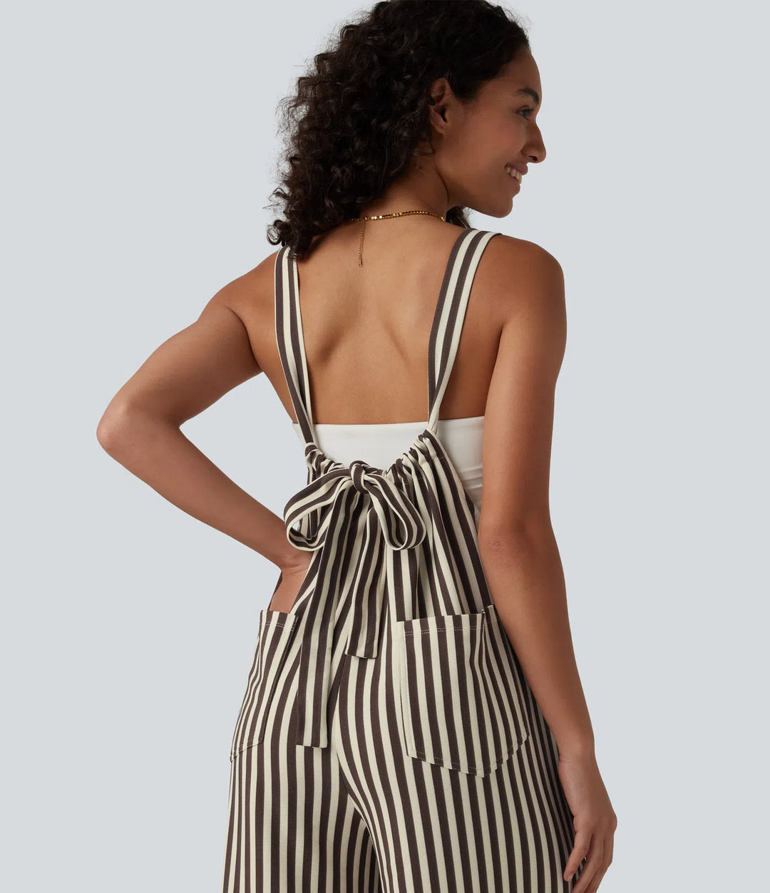 Tie-back Stripes Casual Baggy Dungarees with Pockets