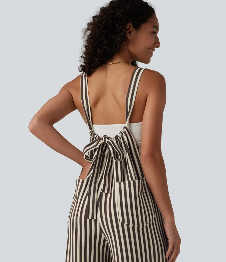Tie-back Stripes Casual Baggy Dungarees with Pockets