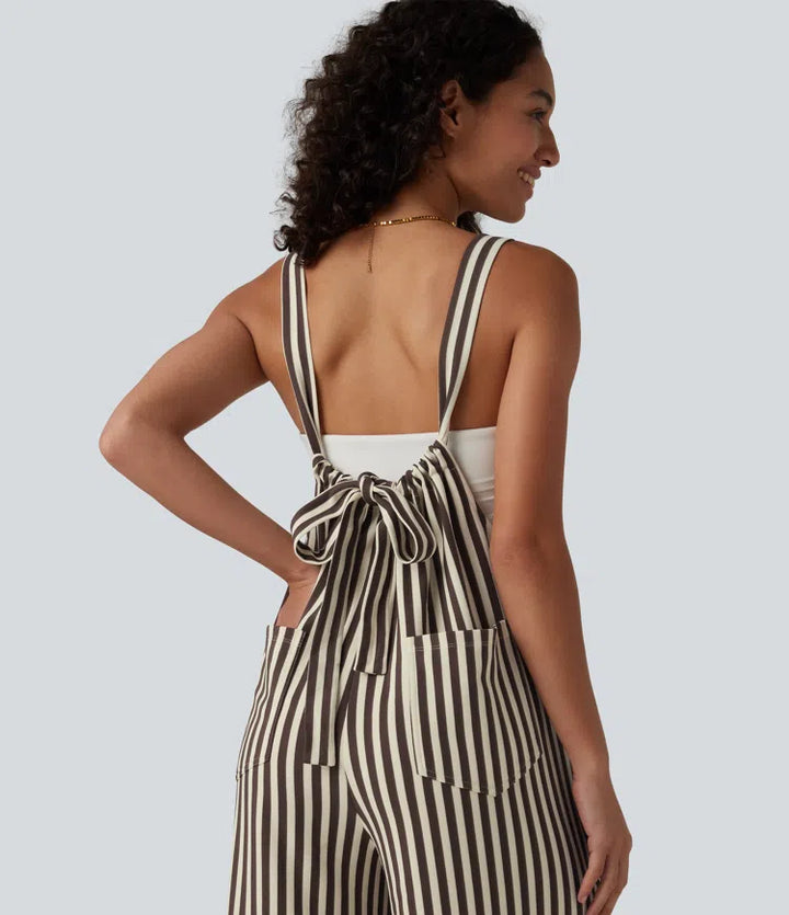Tie-back Stripes Casual Baggy Dungarees with Pockets
