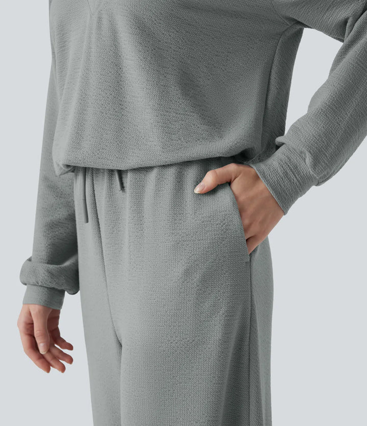 V-neck Long Sleeve Drawstring Casual Jumpsuit with Pockets-Easy Peezy