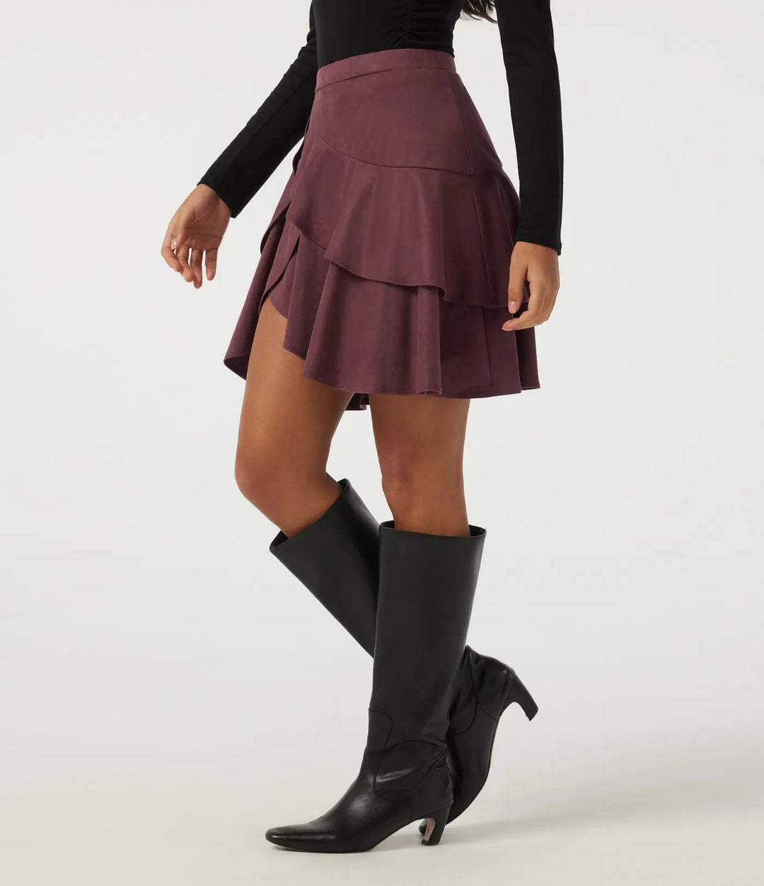 High Waisted Asymmetric Ruffle Hem Suede A-Line Casual Mini Skirt with Built-in Shorts and Pocket