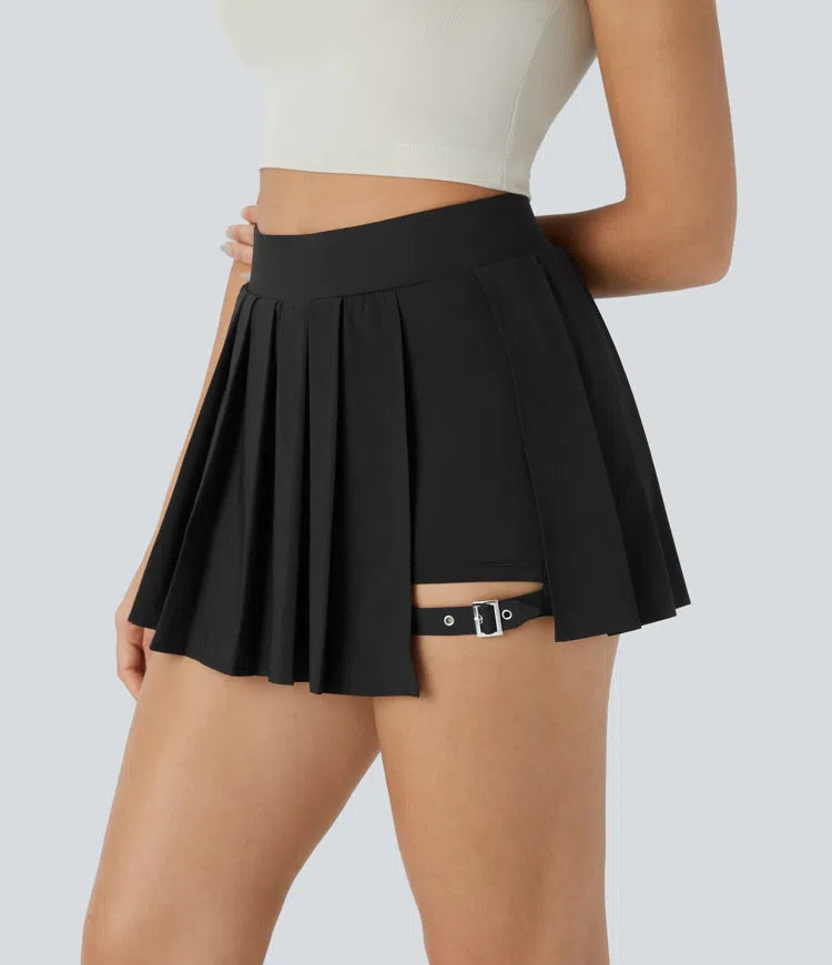 Breezeful High Waisted Pleated 2-in-1 Pocket Adjustable Buckle Micro Mini Quick Dry Party Skirt