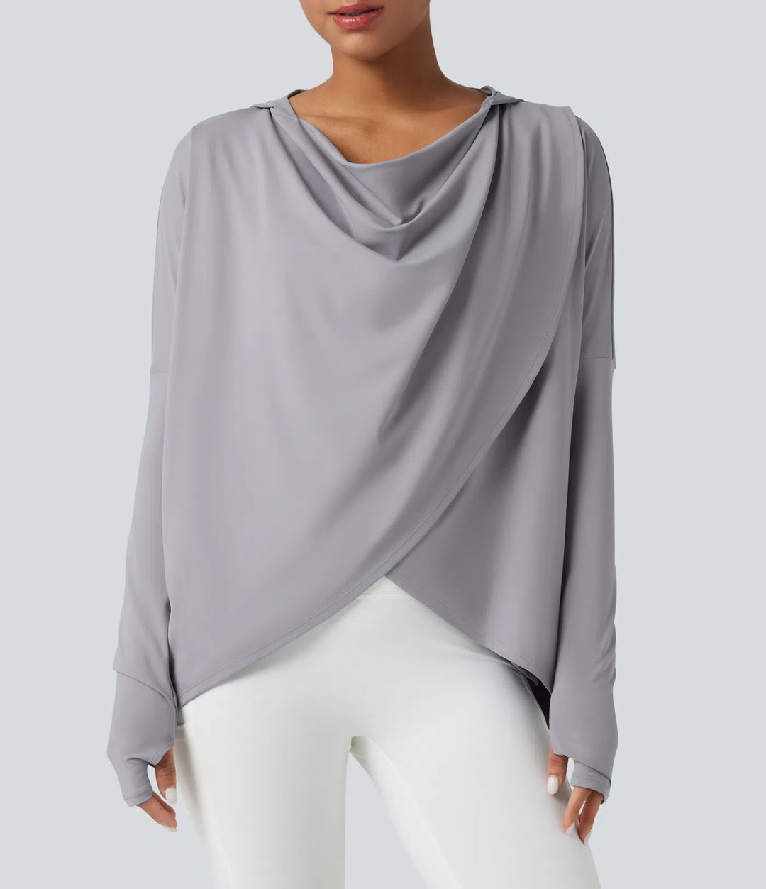 Hooded Cowl Neck Long Sleeve Thumb Hole Yoga Sports Top with Pockets