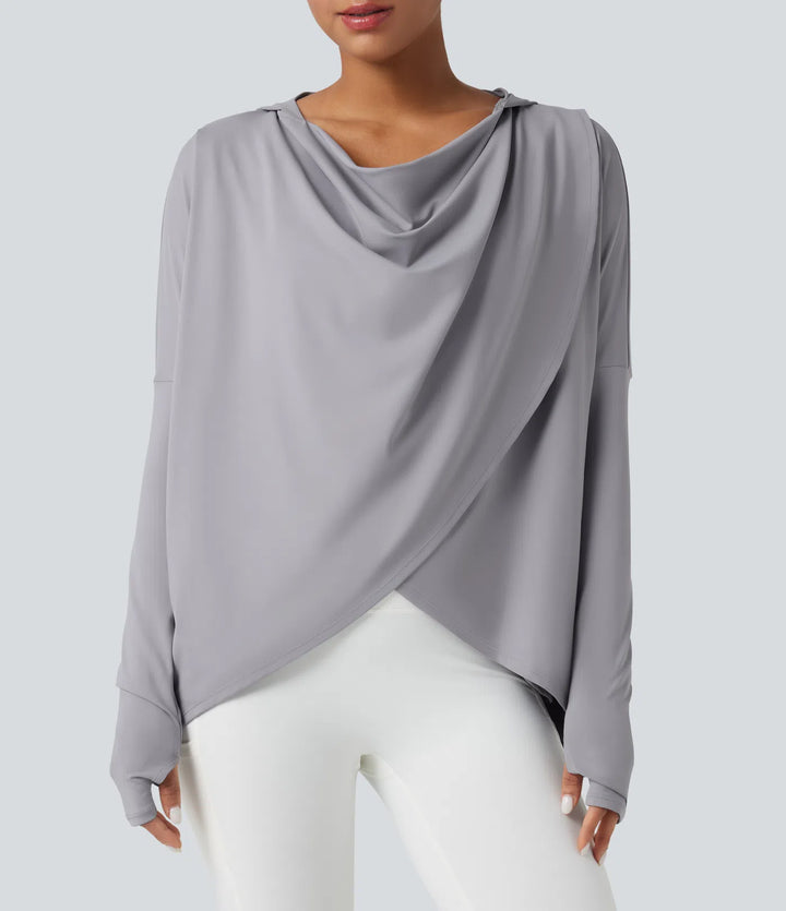 Hooded Cowl Neck Long Sleeve Thumb Hole Yoga Sports Top with Pockets