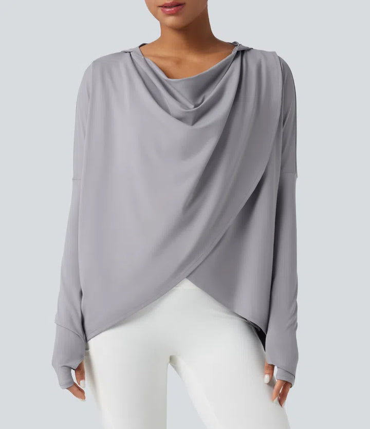 Hooded Cowl Neck Long Sleeve Thumb Hole Yoga Sports Top with Pockets