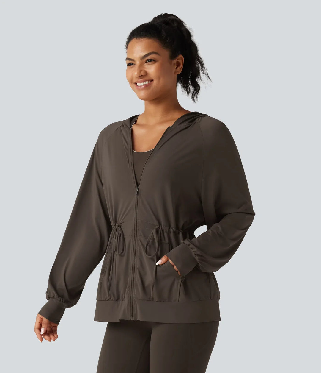 Hooded Long Sleeve Drawstring InstantCool Yoga Jacket with Pockets-UPF50+