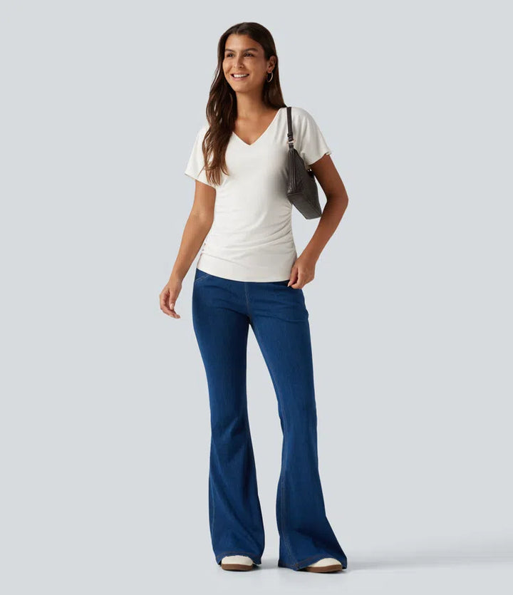 V-Neck Short Sleeve Ruched Slim Casual T-Shirt