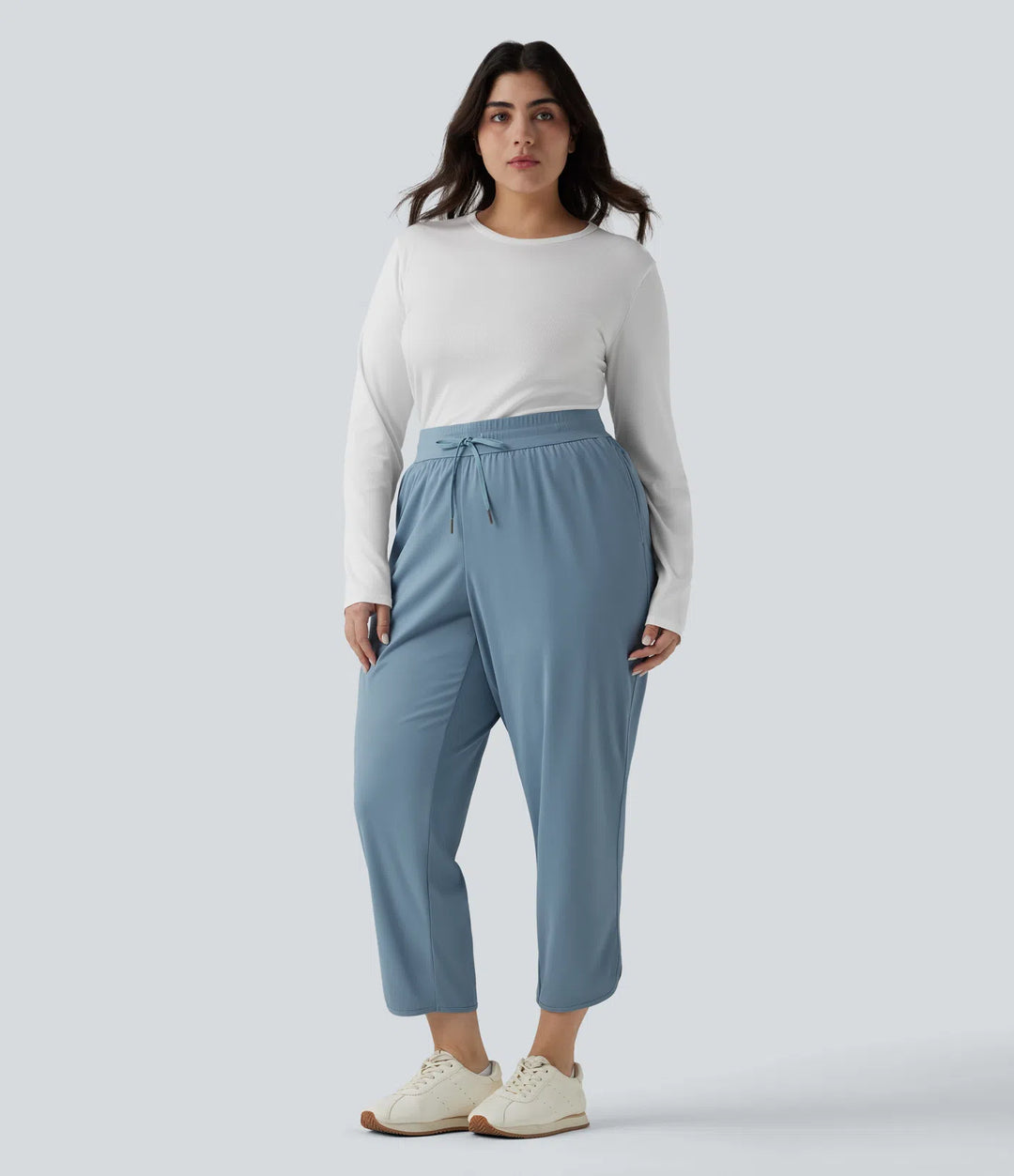 Plus Size Mid Rise Drawstring Curved Hem Quick Dry Golf Tapered Trousers with Pockets-UPF40+