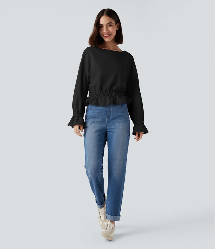 Round Neck Long Sleeve Ruffle Hem Casual Cotton Sweatshirt