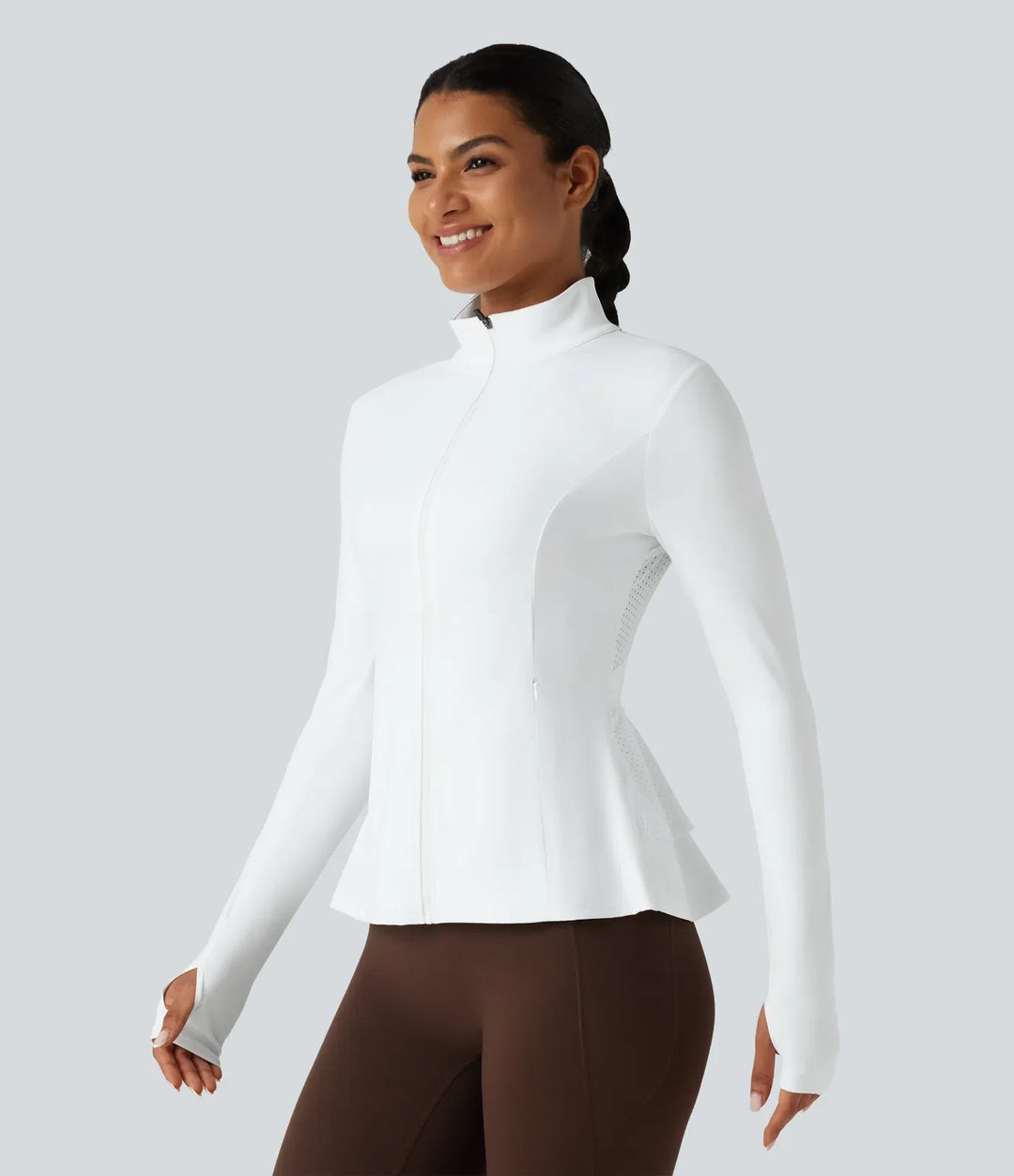 SoftlyZero Airy Stand Collar Long Sleeve Thumb Hole Eyelet Ruffle Hem InstantCool Yoga Jacket with Pockets-UPF50+