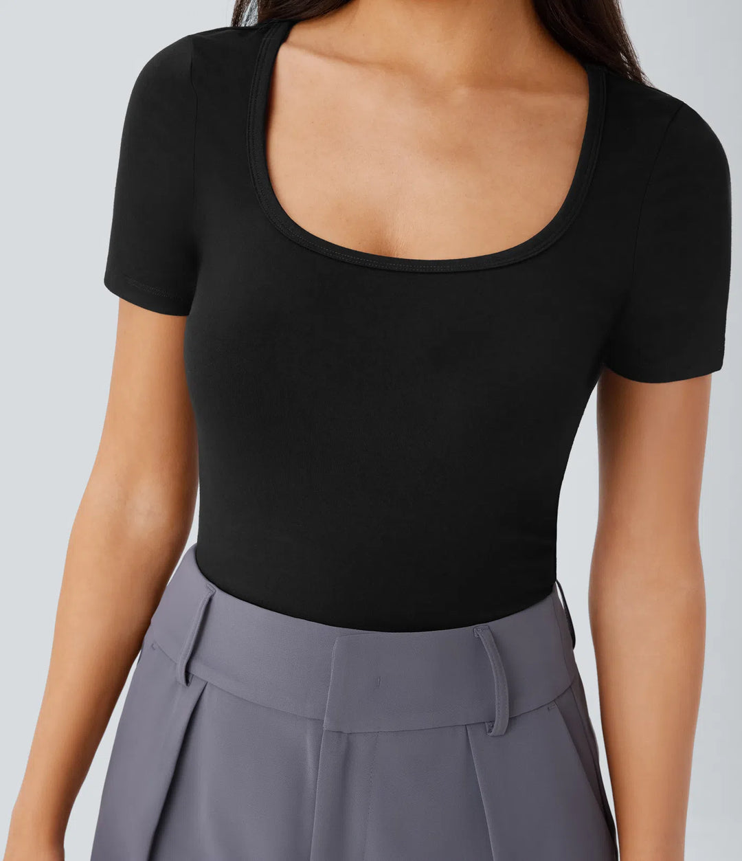 U Neck Short Sleeve Snap Button Skinny Work Bodysuit