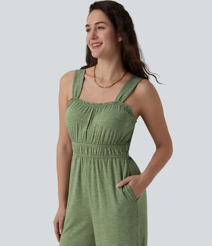 Sleeveless Frill Trim 7/8 Resort Jumpsuit with Pockets-Easy Peezy