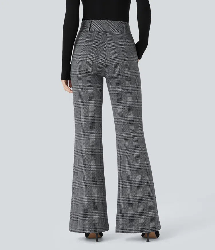 Halara Flex High Waisted Decorative Pocket Houndstooth Plaid Work Flared Trousers