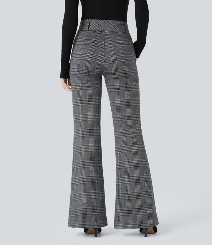 Halara Flex High Waisted Decorative Pocket Houndstooth Plaid Work Flared Trousers