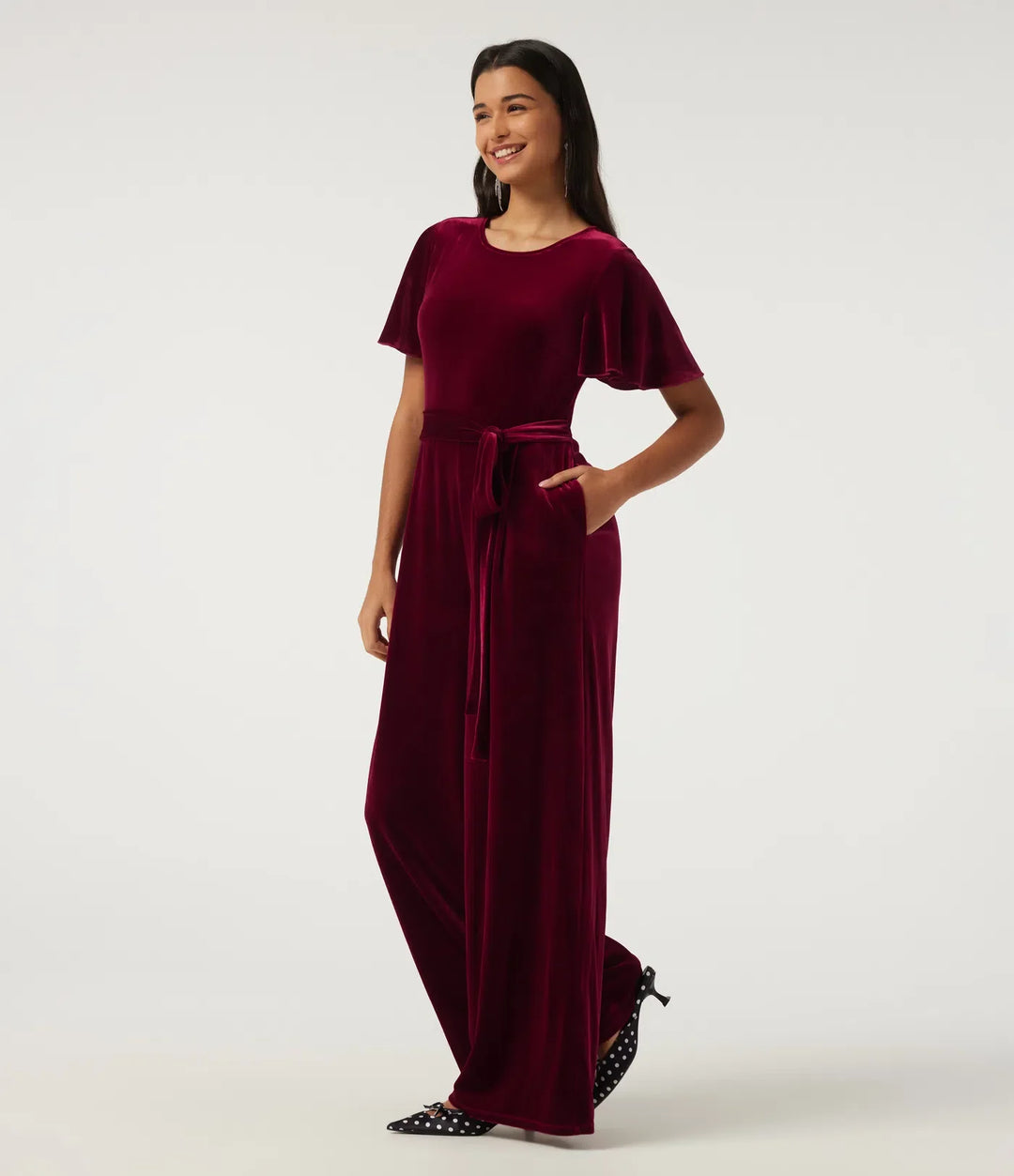 Round Neck Flounce Short Sleeve Keyhole Back Tie Front Velvet Party Jumpsuit with Pockets -Easy Peezy Edition