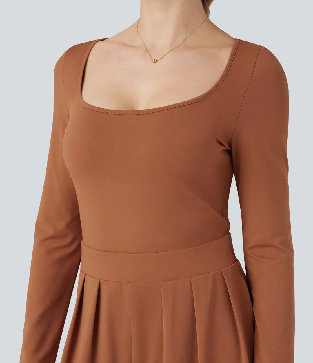 U-Neck Long Sleeve Wide Leg Casual Jumpsuit with Pockets