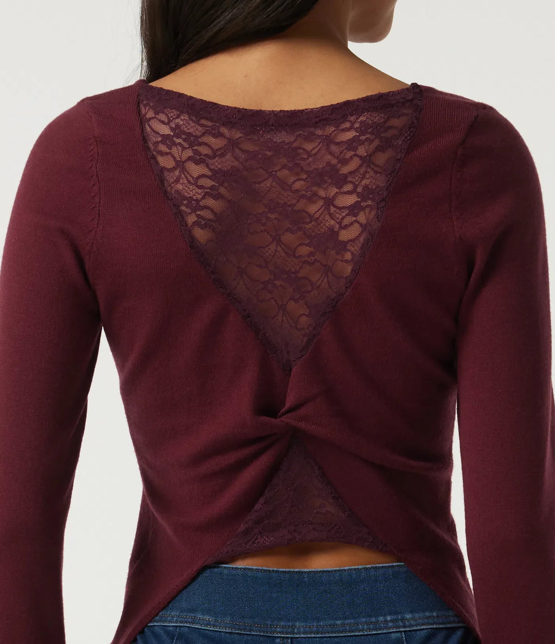Boat Neck Long Sleeve Contrast Lace Cut Out Back Casual Jumper