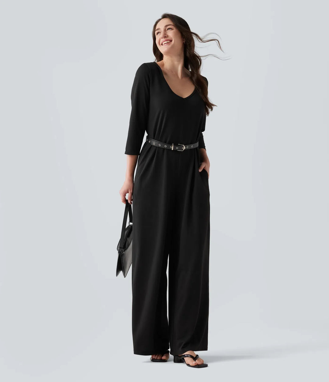 Hooded 3/4 Sleeve Baggy Relaxed Casual Jumpsuit with Pockets