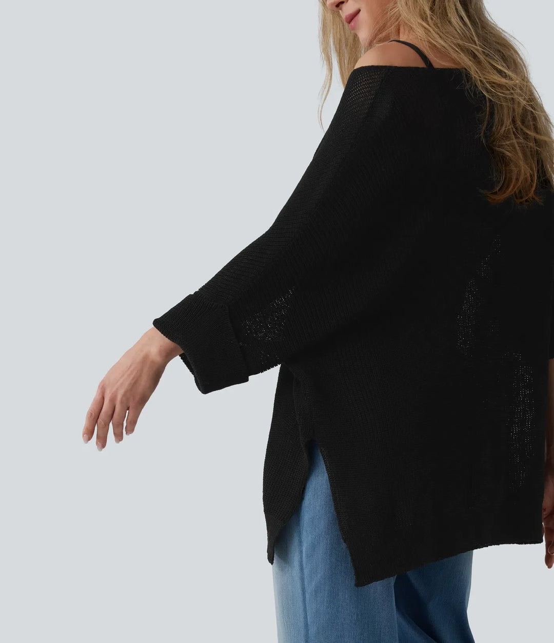 One-shoulder Half Sleeve Split Hem Oversize Casual Jumper with Pocket