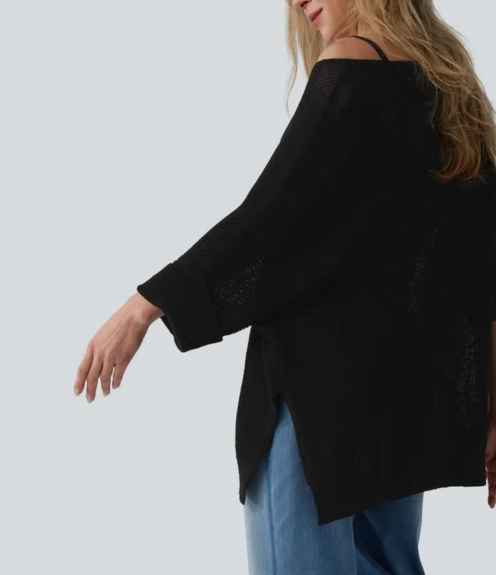 One-shoulder Half Sleeve Split Hem Oversize Casual Jumper with Pocket