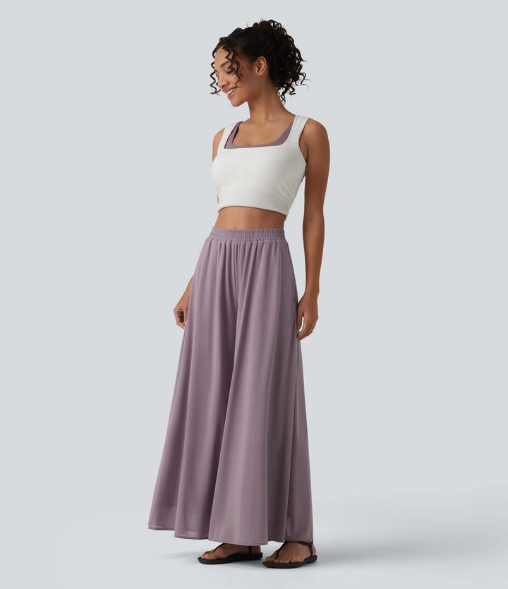 High Waisted Pocket Mesh Overlay Wide Leg Casual Trousers