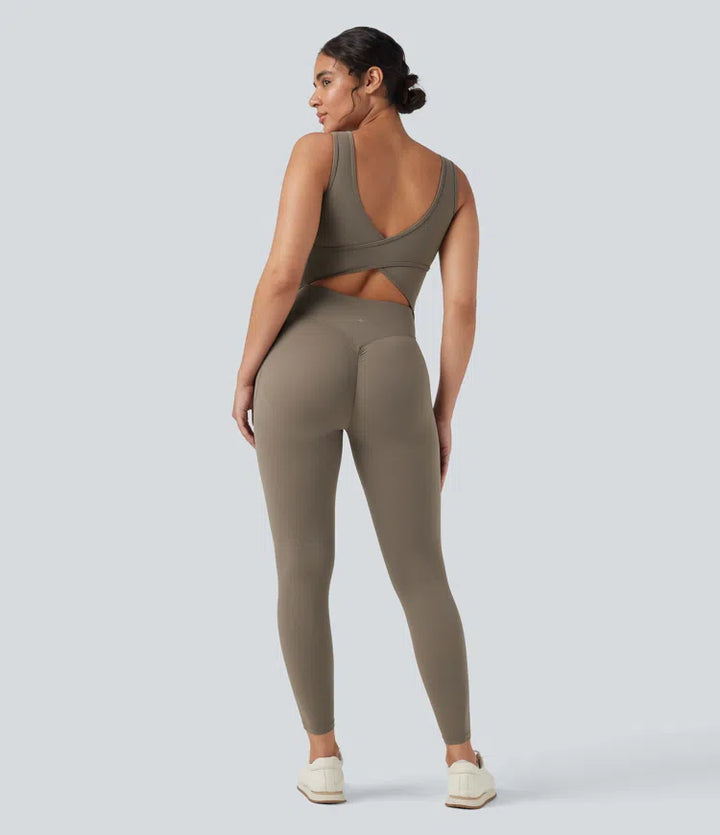 Halara UltraSculpt V Neck Tummy Control Butt Lifting Workout Jumpsuit with Pockets
