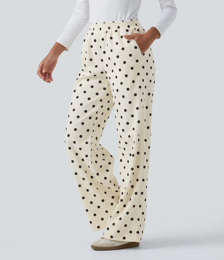 Mid Rise Polka Dot Straight Leg Corduroy Casual Trousers with Pockets