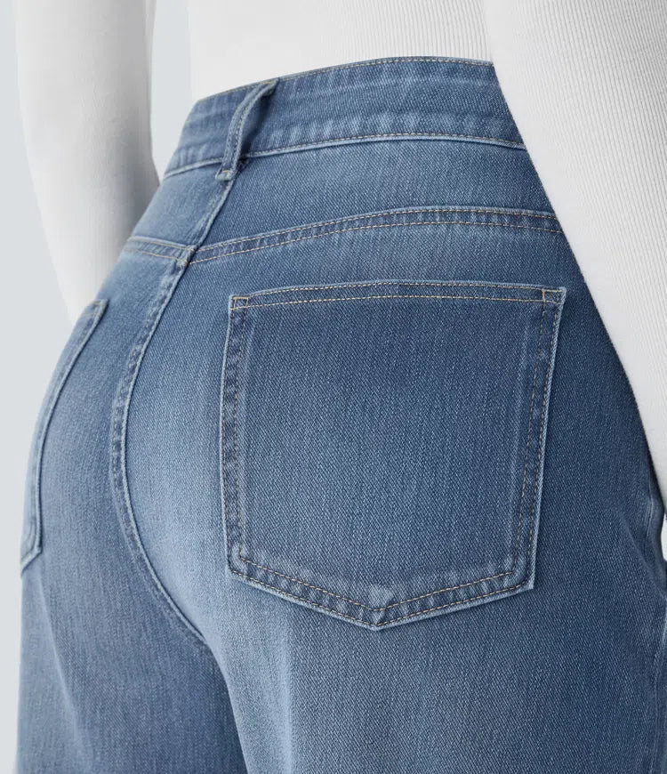 Halara Flex High Waisted Pockets Adjustable Hem Wide Leg Washed Casual Jeans