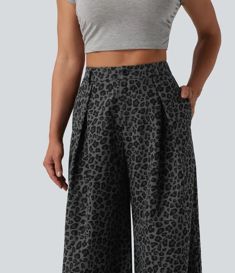 Mid Rise Wide Leg Leopard Print Casual Trousers with Pockets