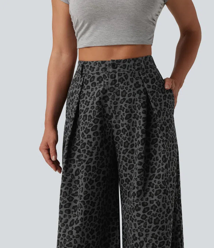 Mid Rise Wide Leg Leopard Print Casual Trousers with Pockets