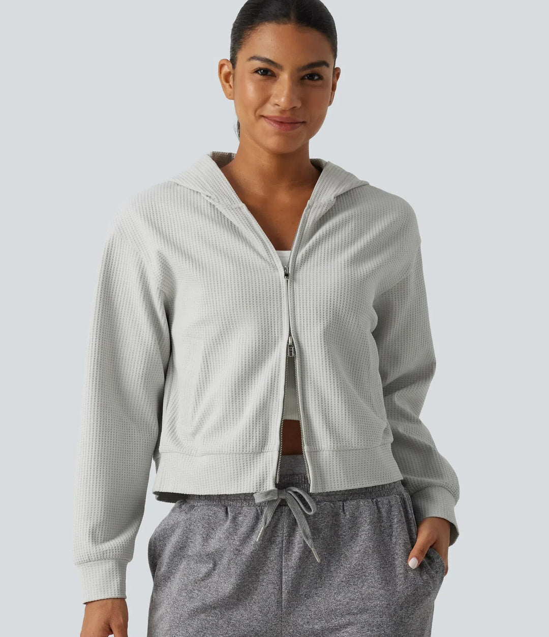 Hooded Long Sleeve Waffle Casual Jacket with Pockets