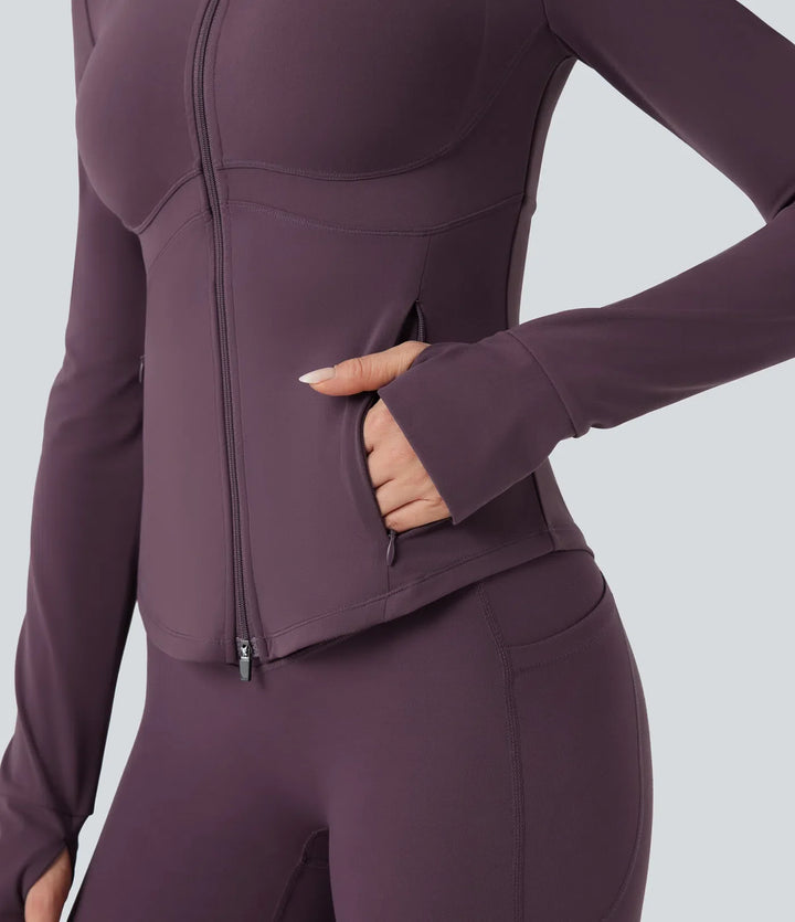 Halara UltraSculpt Mock Neck Push-Up Long Sleeve Thumb Hole Yoga Jacket with Pockets