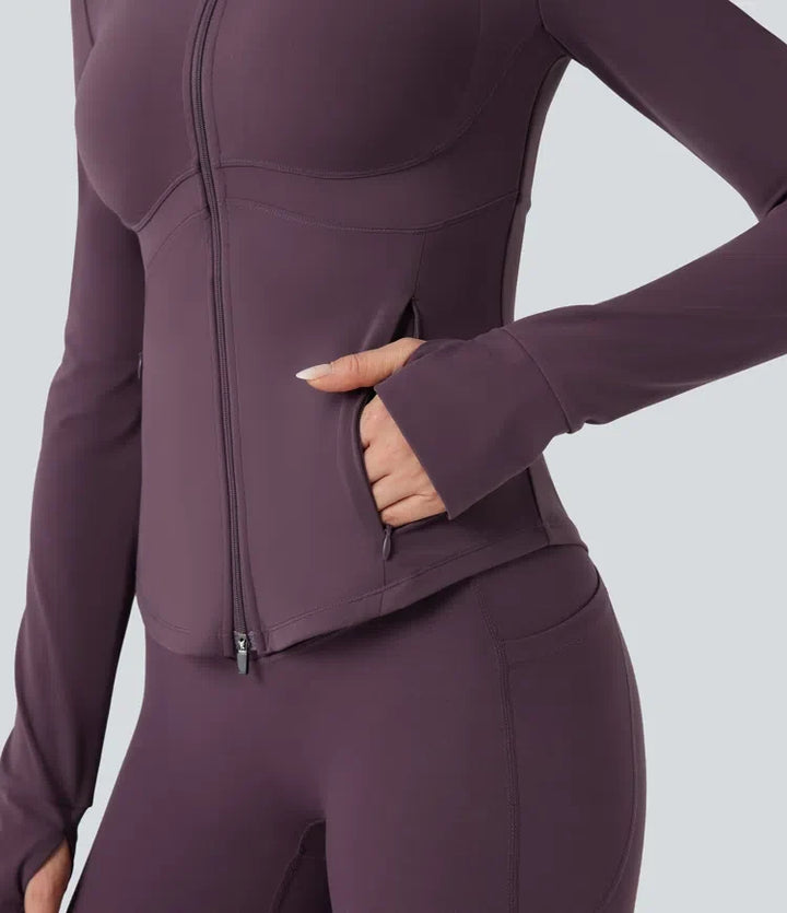 Halara UltraSculpt Mock Neck Push-Up Long Sleeve Thumb Hole Yoga Jacket with Pockets