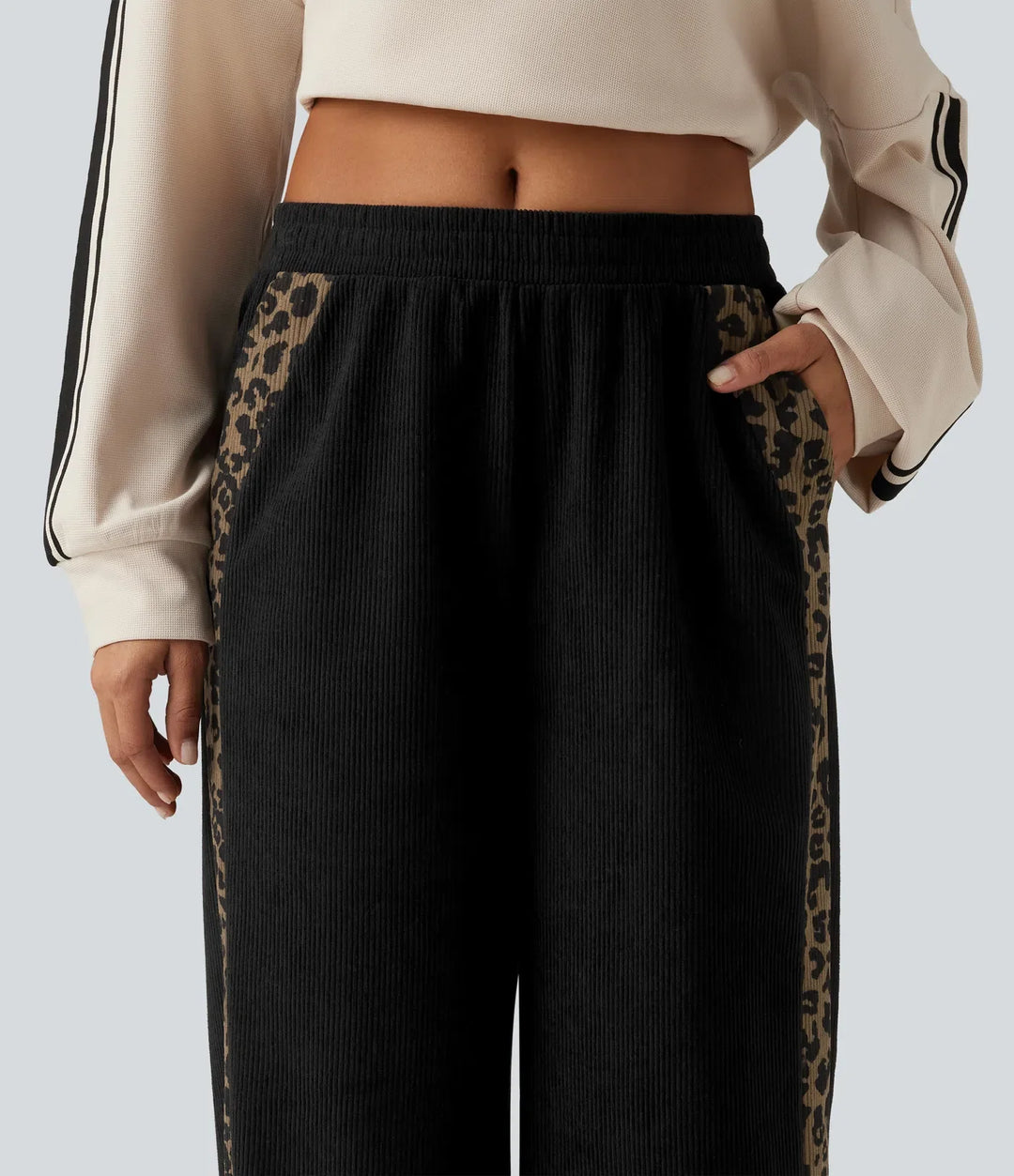 Mid Rise Leopard Print Corduroy Straight Leg Casual Trousers with Pockets
