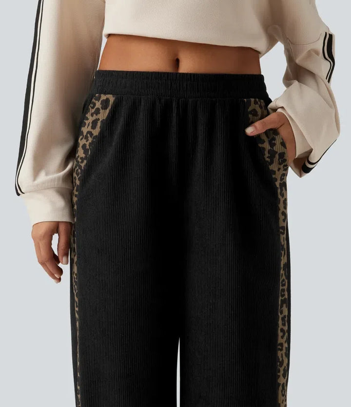 Mid Rise Leopard Print Corduroy Straight Leg Casual Trousers with Pockets