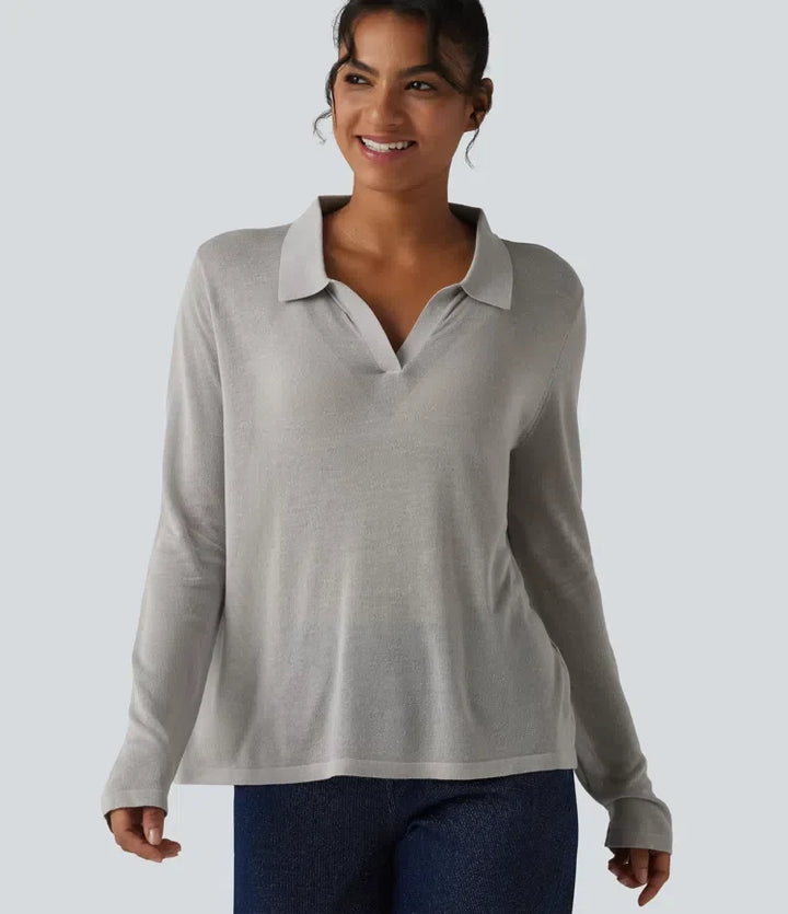 Polo Neck Long Sleeve Lyocell Linen Casual Jumper